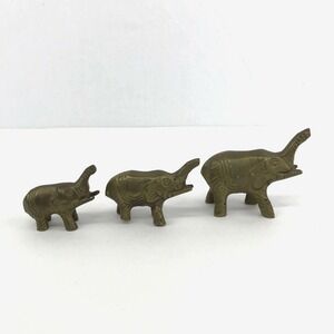 Small Baby Brass Elephant Figurines Paperweights Vintage Lot of 3 Trunk Up